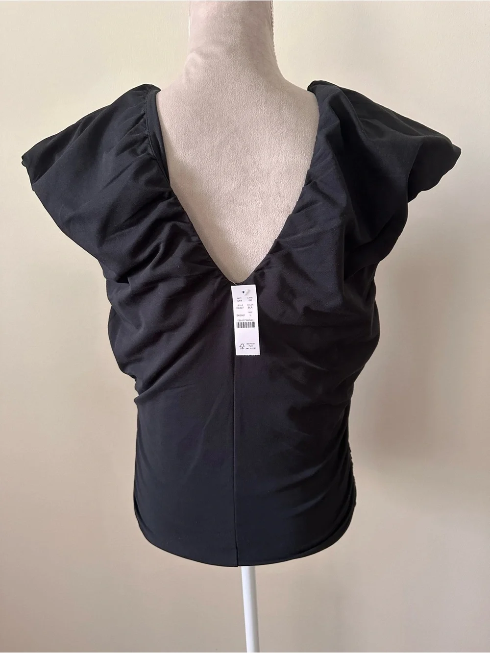 J. Crew Black V-Neck Ruched Cap-Sleeve Top